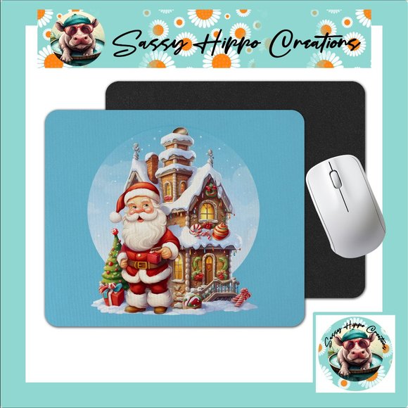 Mouse Pad Santa Claus Christmas Tree House Holiday Sublimated Anti Slip Back - Picture 1 of 4